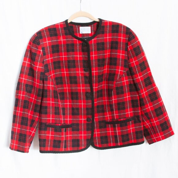 Vgt Pendleton Virgin Wool Blazer Jacket Plaid Red Black XL Embellish Buttons Hem - Picture 1 of 8